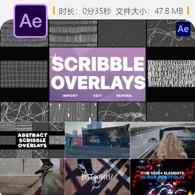 抽象涂鸦手绘动画AE模板背景叠加特效艺术线条涂鸦元素素材包