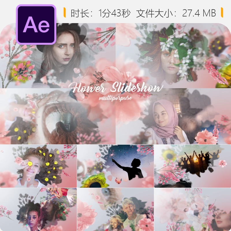 花卉绽放特效AE模板花朵幻灯片视频展示动画背景素材4K高清精美