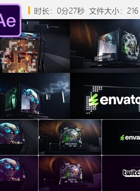 区块链AE模板未来科技3D金融开场LOGO动画4K高清NFT全息立方体