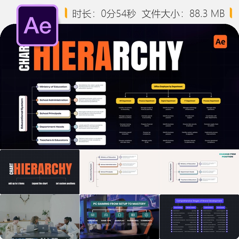 AE模板企业组织架构图彩色商业图表流程图决策树动画效果展示