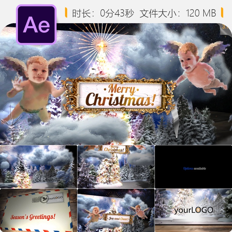 圣诞贺卡AE模板宝宝儿童节日祝福LOGO动画文本节日问候美丽色彩