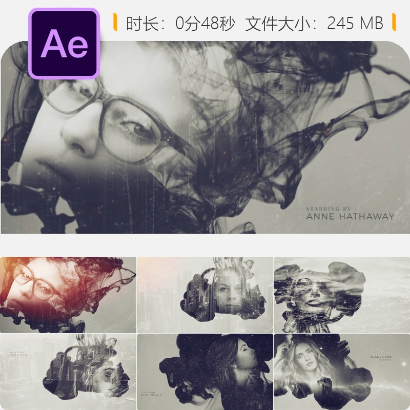 水墨电影AE模板双曝光光效复古抽象艺术风格片头动画视频素材合集