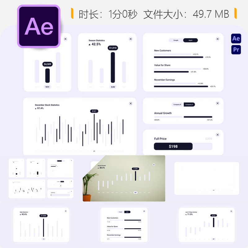AE模板信息图表动画经济统计图表柱状图线形图百分比设计元素