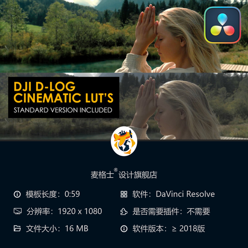 DJI DLog与标准LUT电影感调色预设 支持达芬奇后期制作