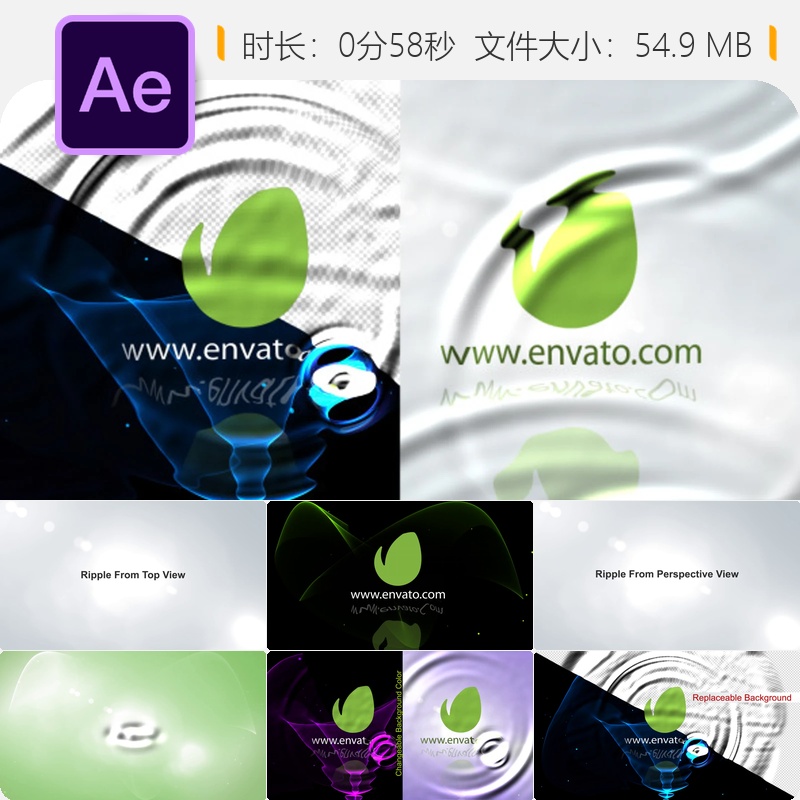 优雅水波纹LOGO动画AE模板流体效果企业标志演绎RealFlow技术