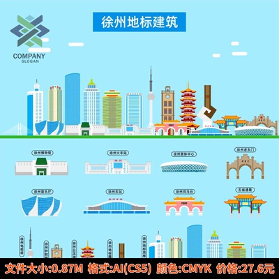 徐州地标手绘省会城市地标古迹建筑旅游景点线性插画AI设计素材