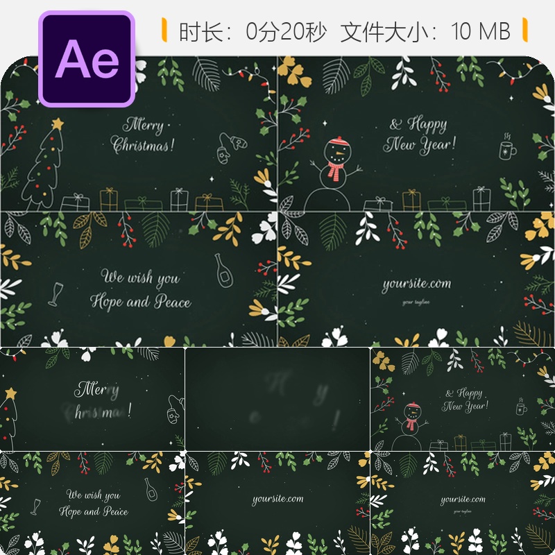 圣诞节日问候贺卡AE模板雪花冬季新年庆典片头片尾视频动画制作