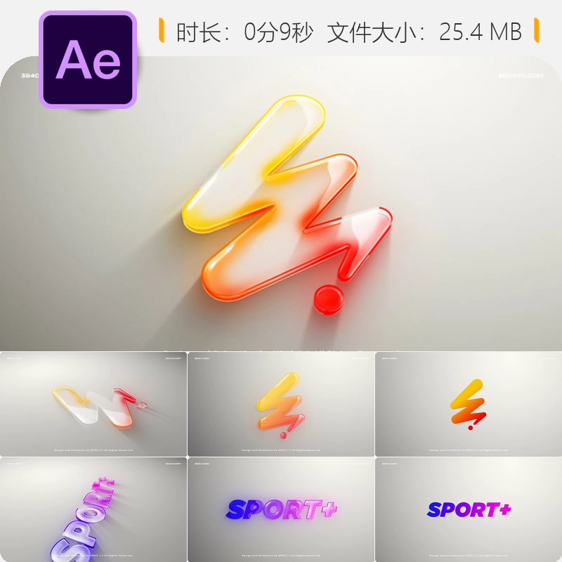 AE模板3D光泽公司标志动画开场展示4K分辨率明亮反射效果片头