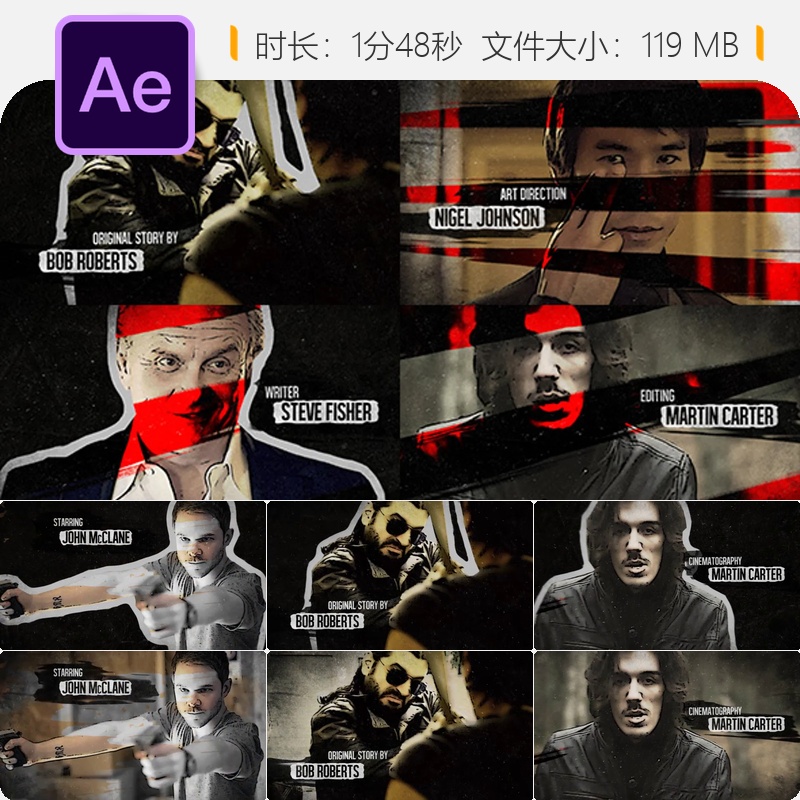 Grunge风格AE模板开场片头转场动画字幕条展示模板含占位符设计