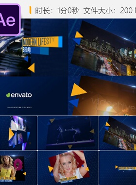 现代三角故障开场AE模板科技时尚3D动画黄色相机生活相册