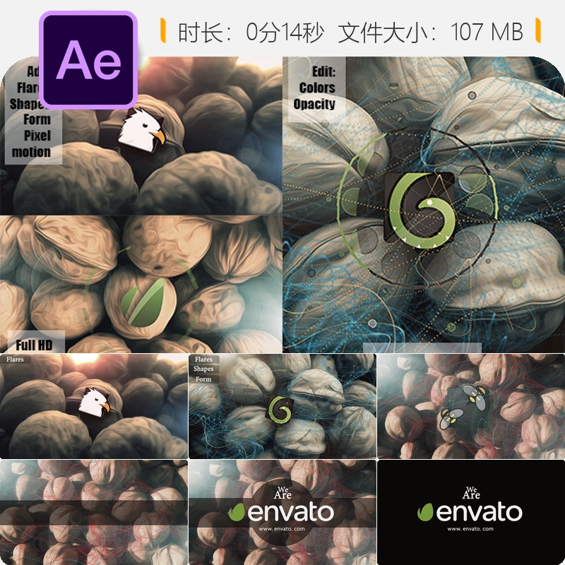 像素运动坚果几何Trapcode光效色彩透明度定格动画AE视频模板