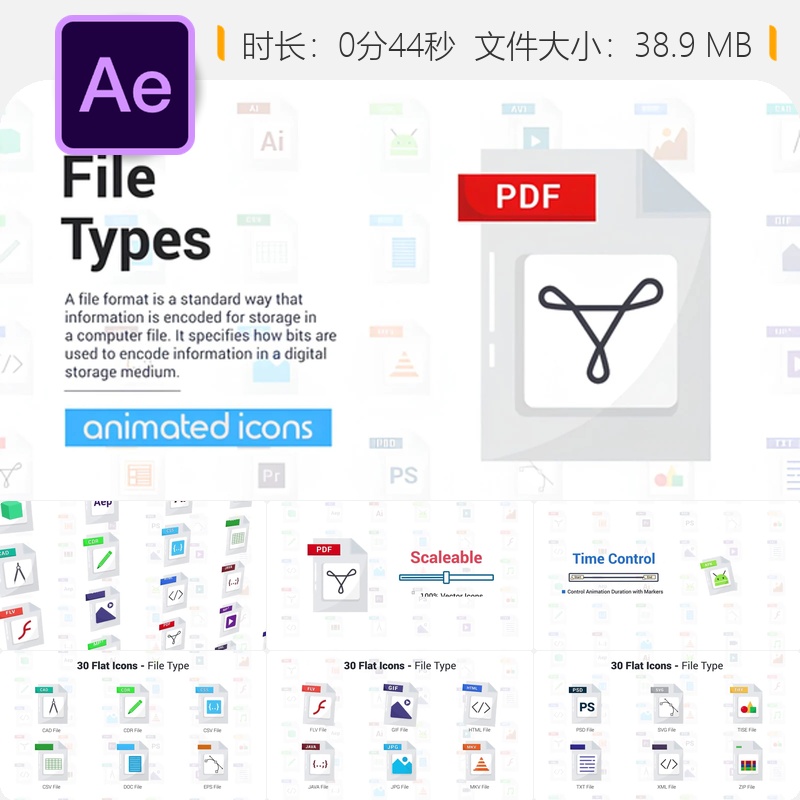 AE模板文件类型格式图标动画视频元素特效AVI MKV GIF扩展名展示