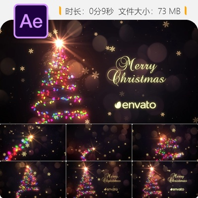 圣诞节日AE模板雪花彩灯片头新年祝福企业节日音乐开场动画4K