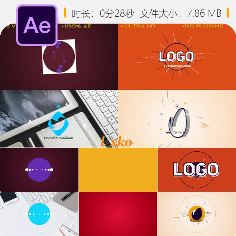 现代创意抽象3D标志动画AE模板动态多彩扁平形状LOGO展示片头