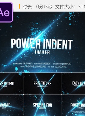 Power Indent激光粒子血液飞溅电光蓝AE片头开场视频模板特效