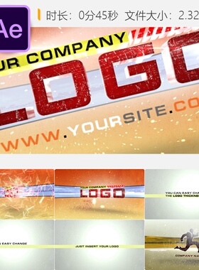 橙色三维LOGO动画开场AE模板蓝色红色闪耀粒子特效4K高清视频