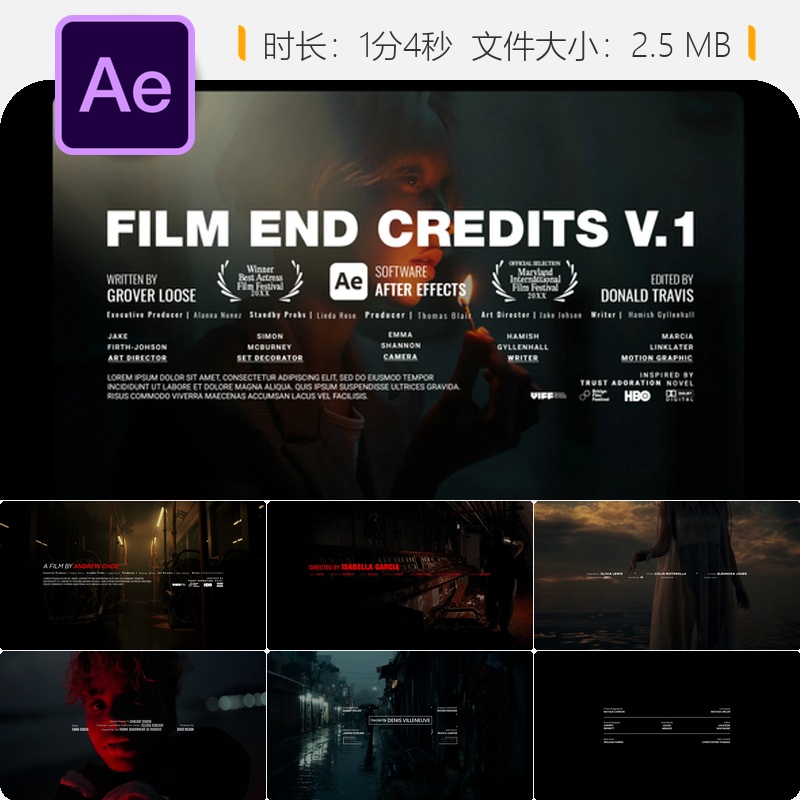 电影片尾动画AE模板演员职员表名字特效电影节片尾字幕设计制作