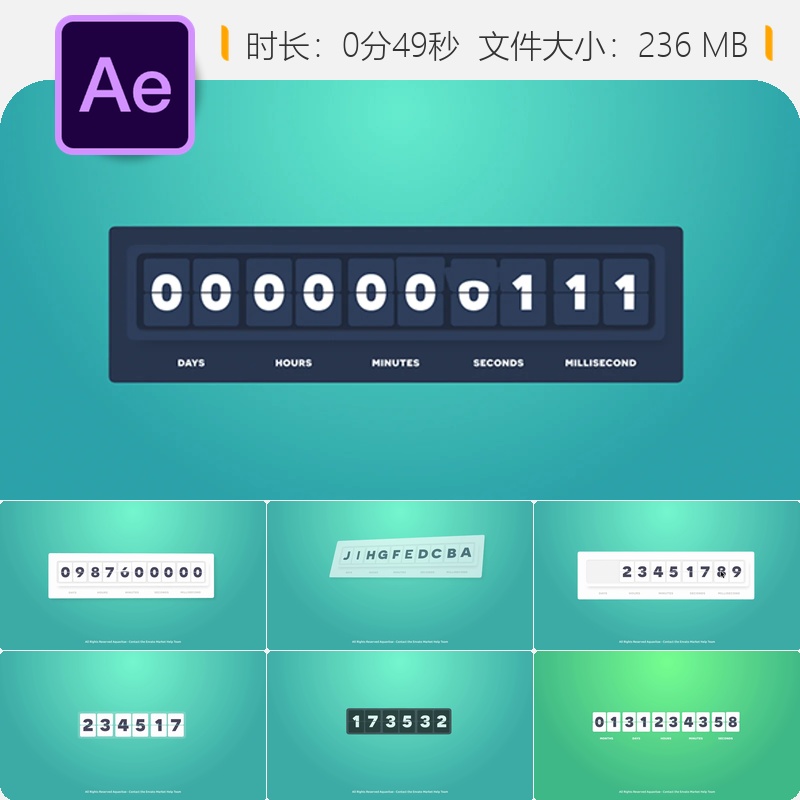翻转数字计数器AE模板倒计时计时器简洁扁平风格动画元素设计