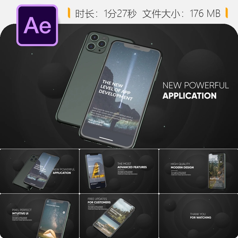 iPhone 11 Pro应用UI展示AE模板iOS产品宣传视频动画设计制作