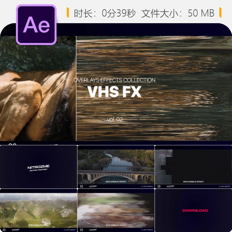 VHS特效叠加素材包AE模板故障扭曲光晕闪烁转场效果合集第二卷