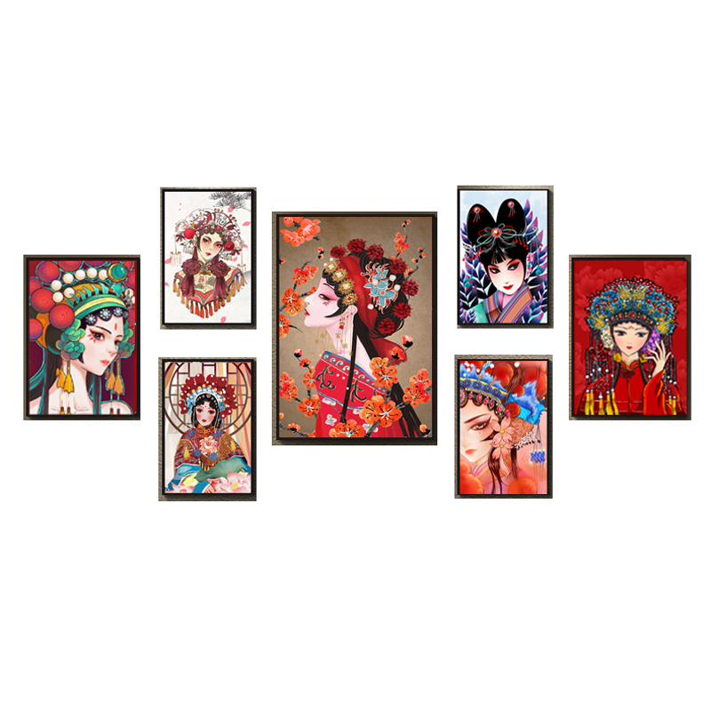 京剧戏曲花旦人物脸谱装饰画饭店挂画川剧餐馆火锅店烧烤组合墙画图片