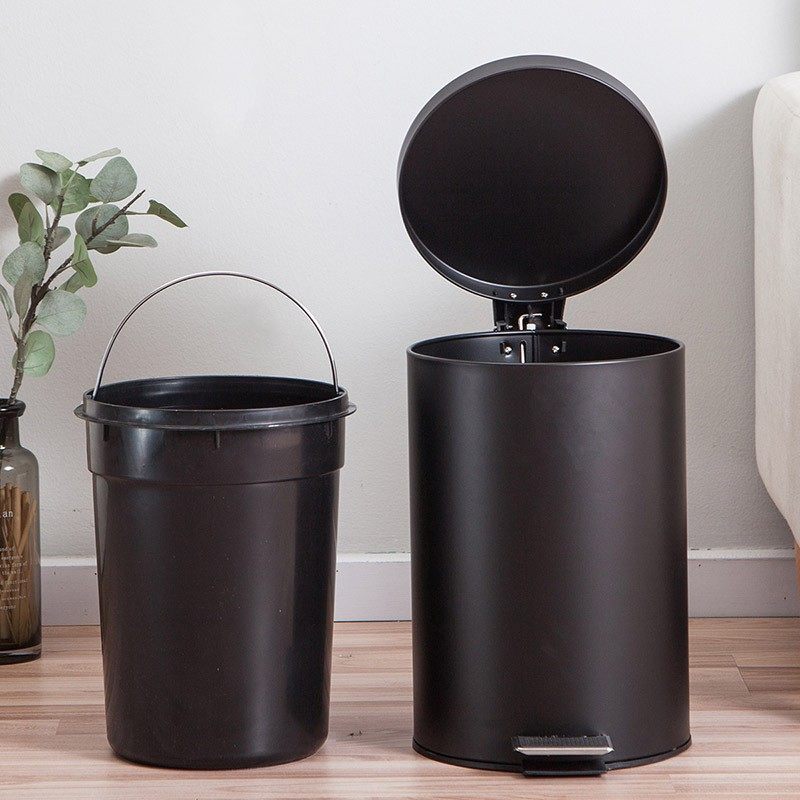 家用黑色哑光磨砂面圆形脚踏垃圾桶缓降静音收纳卫生桶带盖清新品