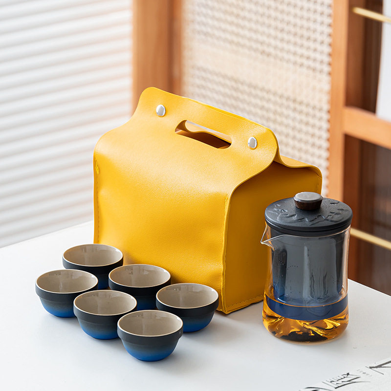 陶瓷旅行茶具便携式一壶六杯快客杯户外露营泡茶装备随身收纳包