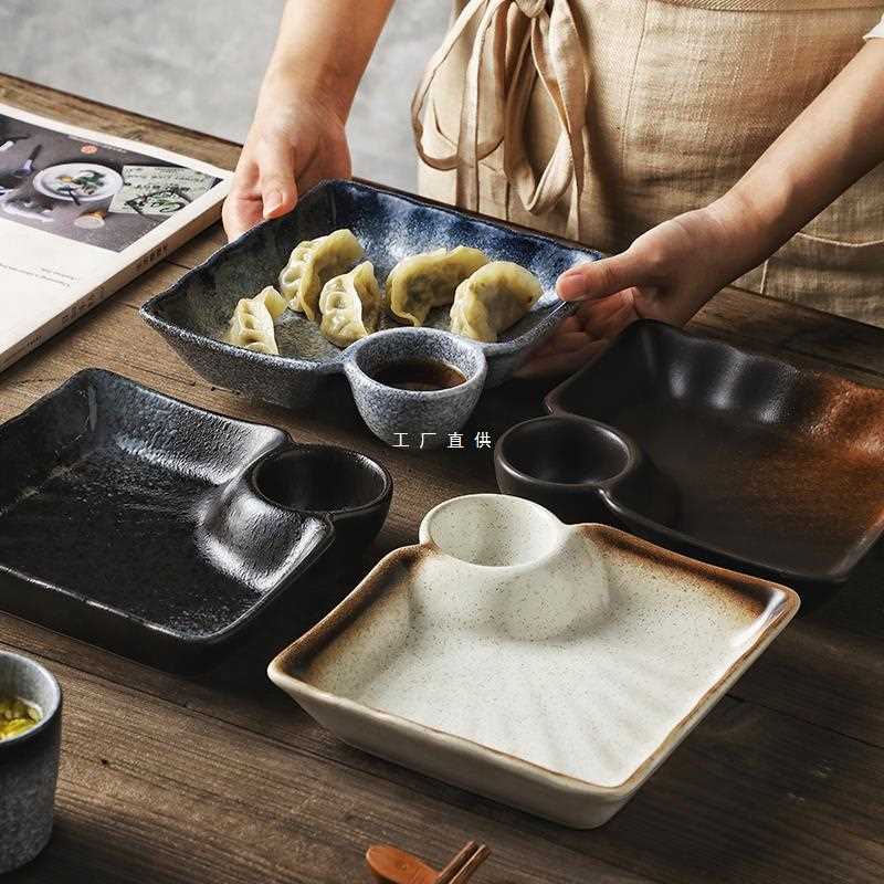 陶瓷饺子盘带醋碟家用2021新款创意水饺盘早餐盘子分格盘