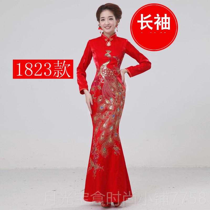 新款2敬023款长款红色结婚礼服演出锦缎新娘鱼尾旗服袍酒服冬QP18
