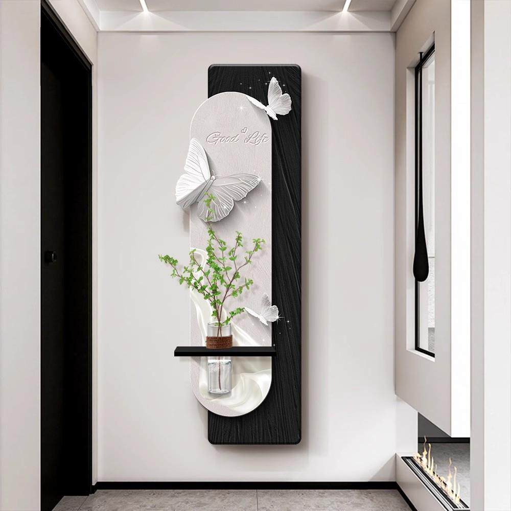 蝴蝶玄关装饰画花瓶绿植高级感客厅走廊过道壁画中古风水培挂画