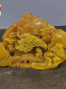 古玩收藏仿寿山石雕田黄色桥上老人山水摆件客厅装饰观赏奇石