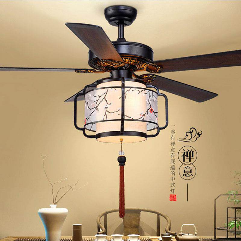 新中式风扇灯 客厅餐厅吊扇灯中国风复古木叶静音无光源带扇吊灯