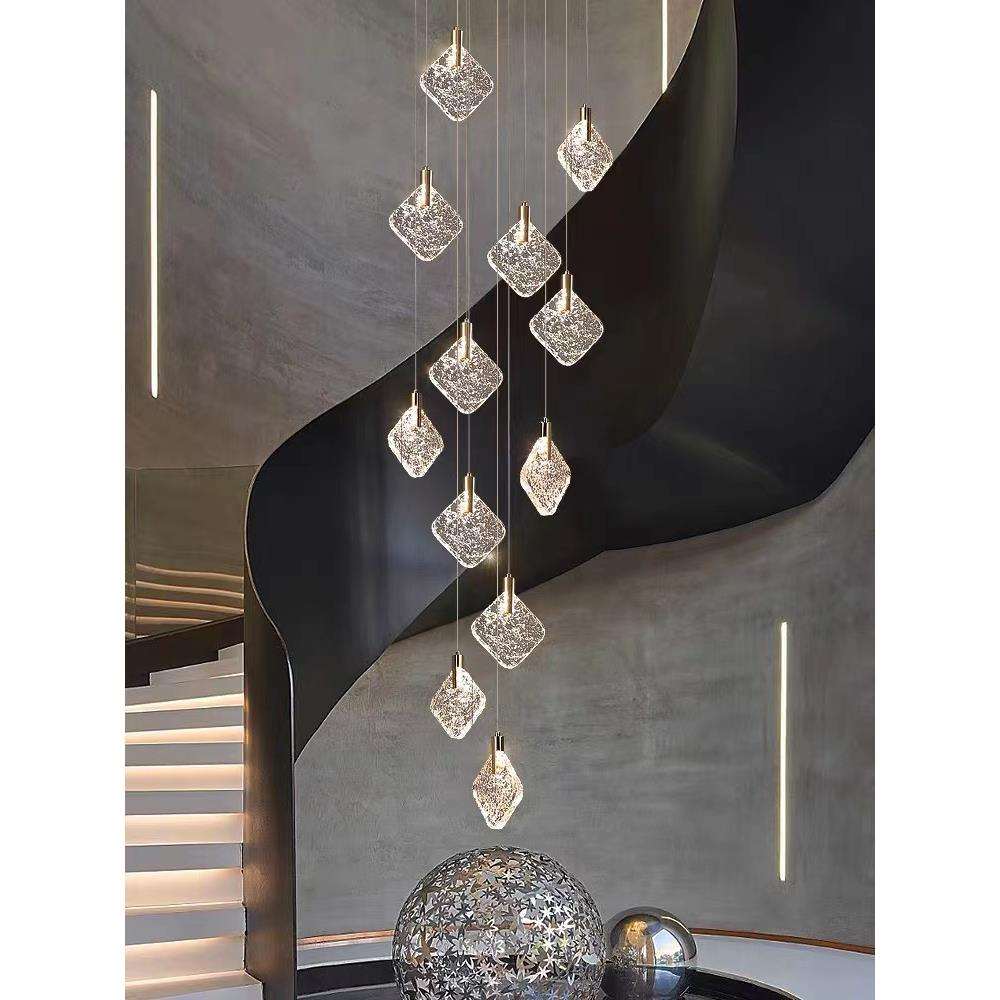 2023款轻奢水晶长吊灯复式楼梯挑空loft网红旋转简约客厅中空别墅