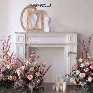 美式复古壁炉架简约做旧原木色装饰柜客厅玄关法式白色柜田园民宿