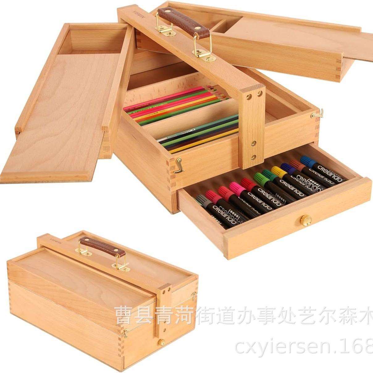 跨境实木手提画笔收纳盒油画箱三层画画工具箱可折叠置物盒子木盒