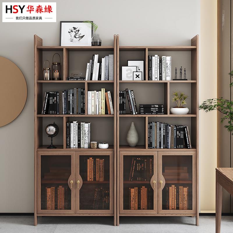 现代简约实木收纳书架书橱 隔断储物展示柜实木落地书柜带玻璃门