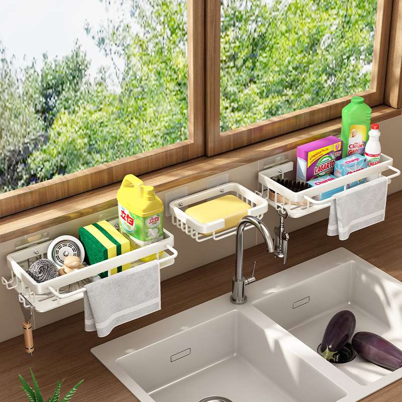 抹布架厨房收纳架免打孔置物架壁挂式白色架子家用沥水篮水槽神器