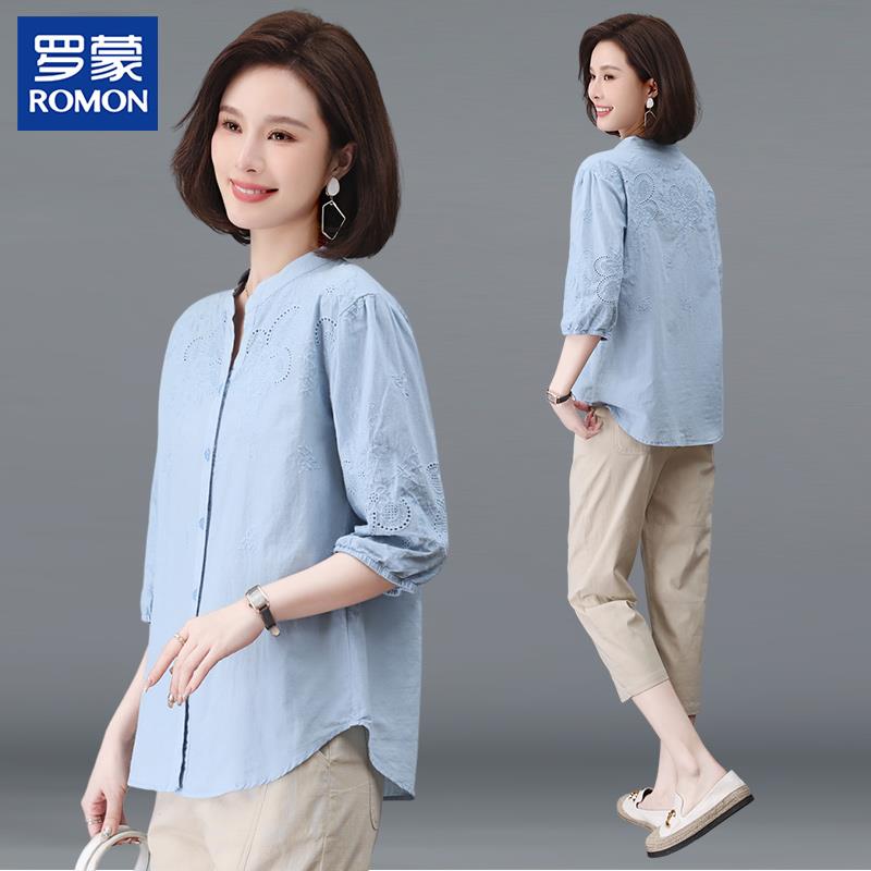 罗蒙中年妈妈夏装套装2025新款洋气中老年女装纯棉衬衫时尚两件套