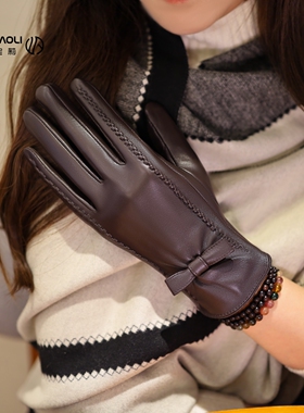 触屏头层羊皮真皮手套女高档短款骑车开车秋冬加绒保暖修手时尚