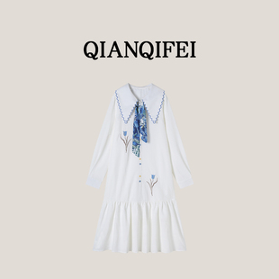 13F 26C 满枝香郁 文艺甜美系带刺绣宽松翻领连衣裙 005 新款