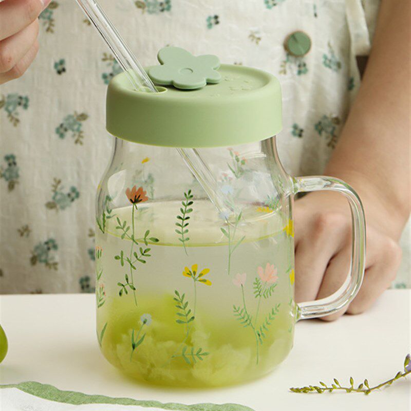 精选玻璃水杯茶杯带盖耐高温杯子吸管杯大容量家用女生带把手玻璃