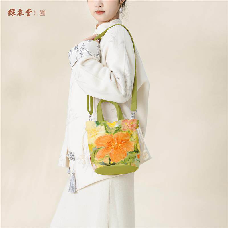彩衣堂国风花卉抽绳束口袋水桶包单肩斜挎手提女春夏汉服文创礼物