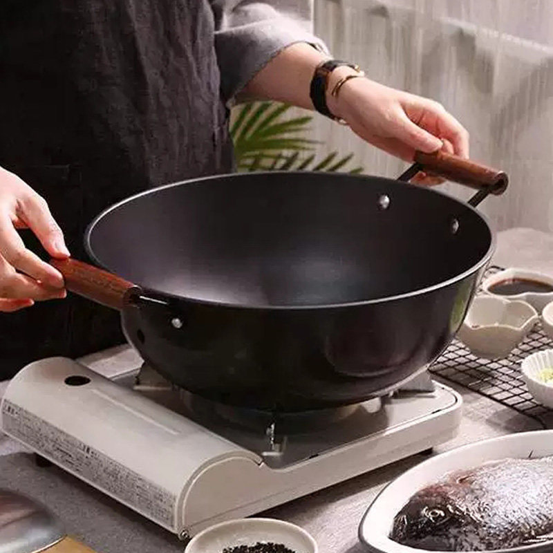 不锈双耳铸铁炒锅家用老式大号铁锅平底加厚炖汤锅加深生铁炒菜锅
