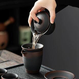 高档中式 紫陶茶具套装 复古跳刀功夫茶杯茶壶盖碗家用会客泡茶喝茶