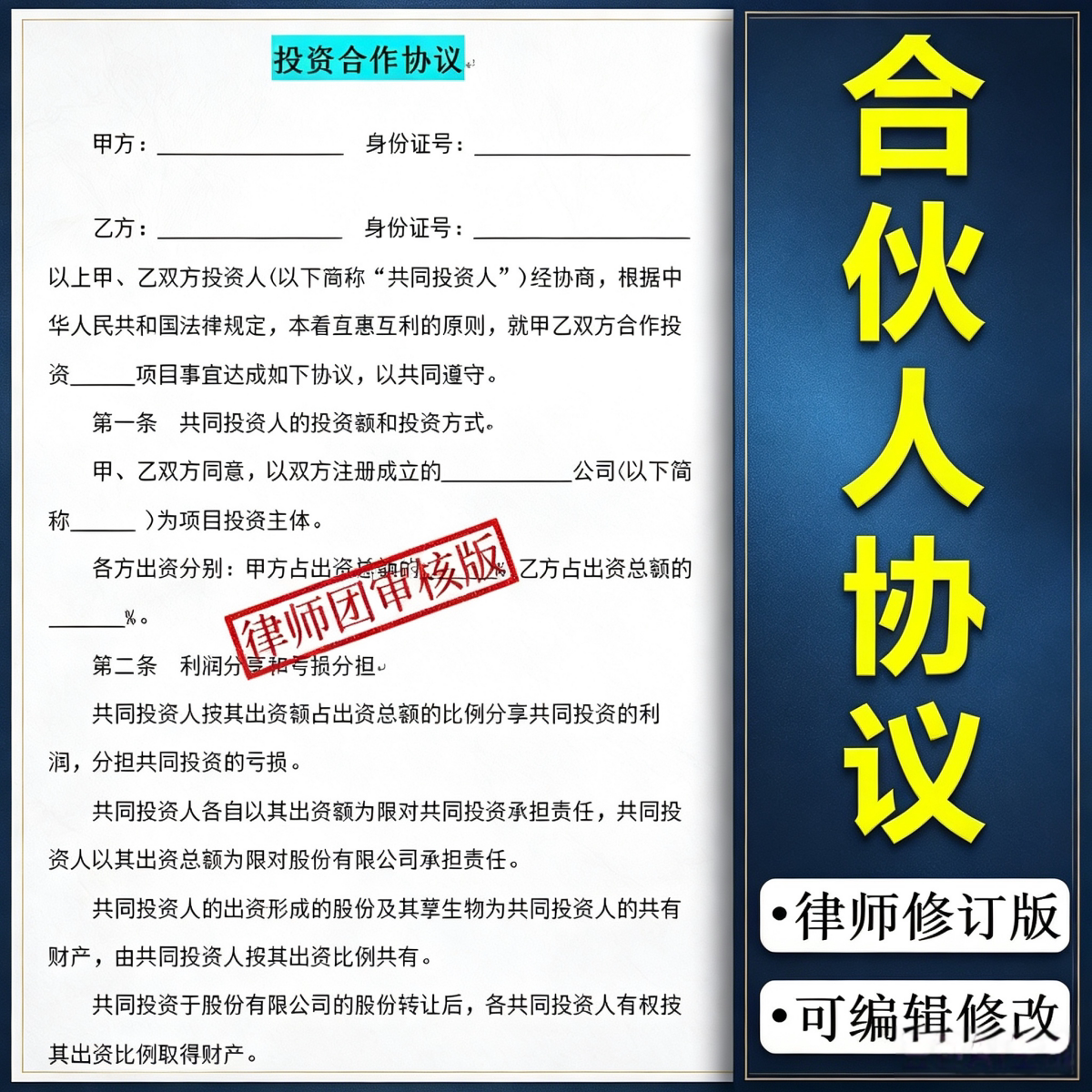 合伙人协议书模板投资入股开店合刻录盘个性化服务