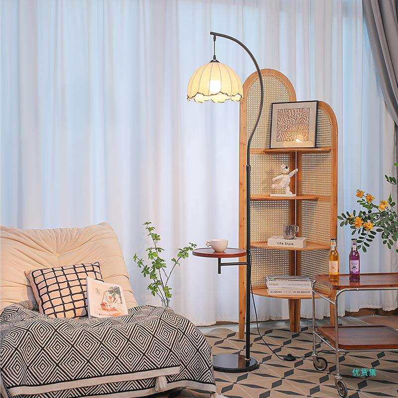 中古落地灯客厅实木法式复古氛围灯置物架沙发旁卧室床头一体台灯