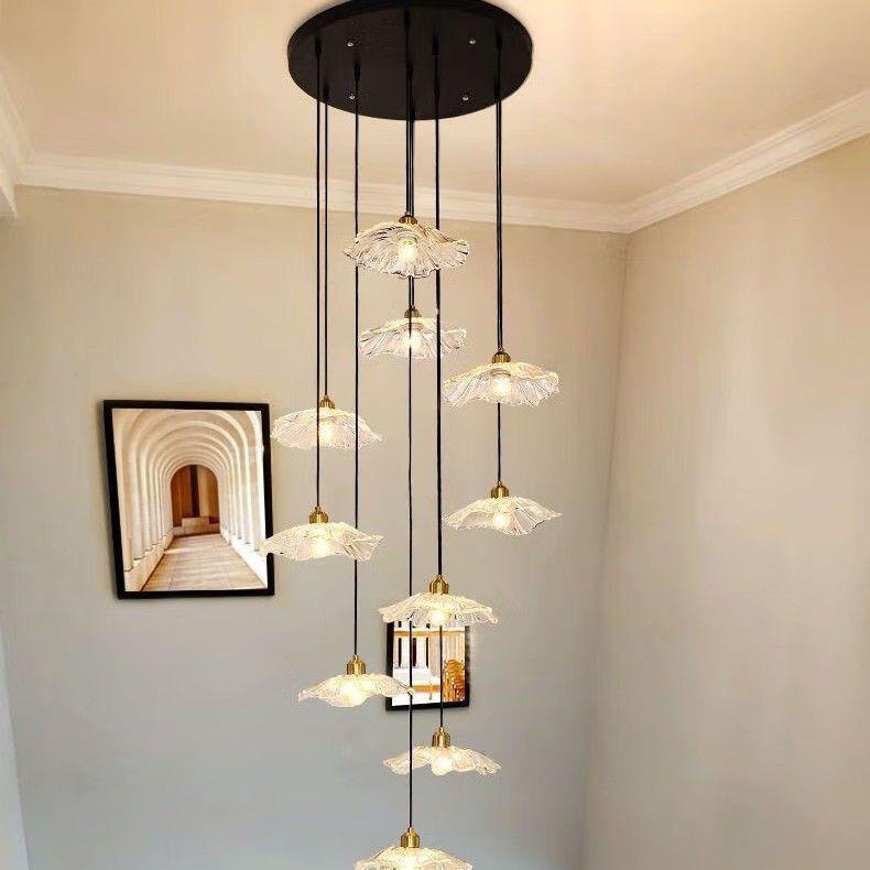 复式楼梯旋转吊灯现代简约别墅客餐厅灯艺术创意设计个性荷花吊灯