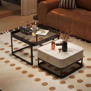 轻奢意式极简方形子母茶几客厅家用高级感可重叠复古玻璃组合茶几