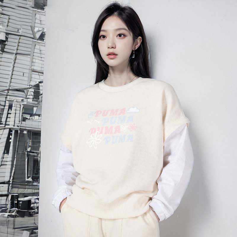 PUMA彪马圆领卫衣女装25秋季新款宽松假两件户外休闲运动服套头衫