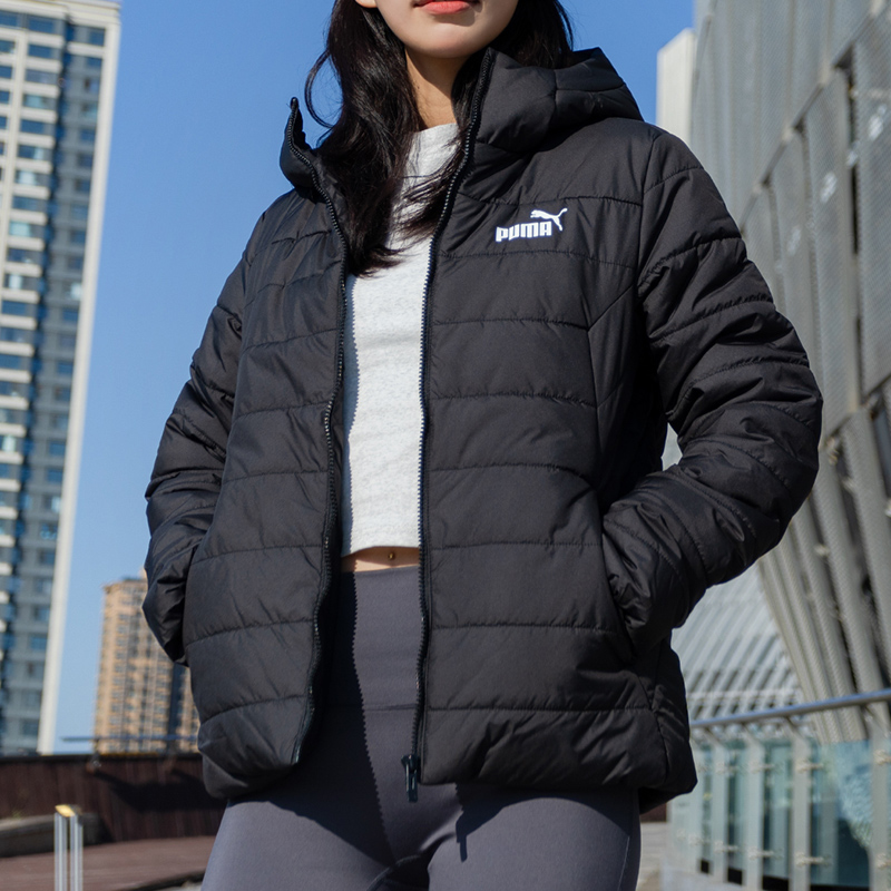 彪马棉服女装2025秋秋新款黑色连帽夹外套加厚保暖防风防寒棉衣